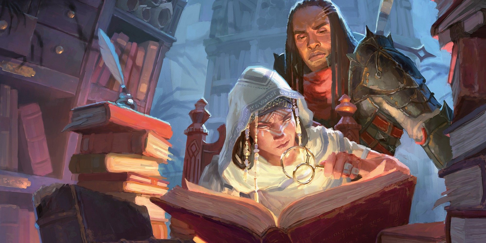Dungeons and Dragons: Two Characters In A Library Studying Ancient Tomes