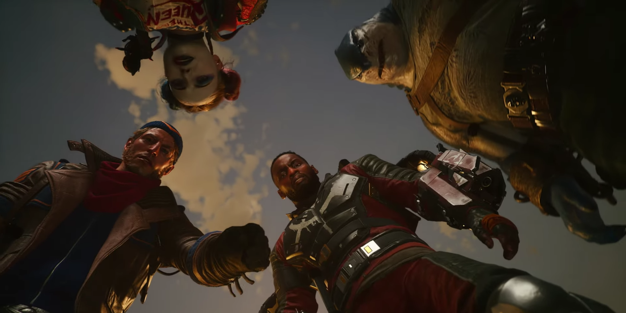 Suicide Squad four playable characters looking down at the floor