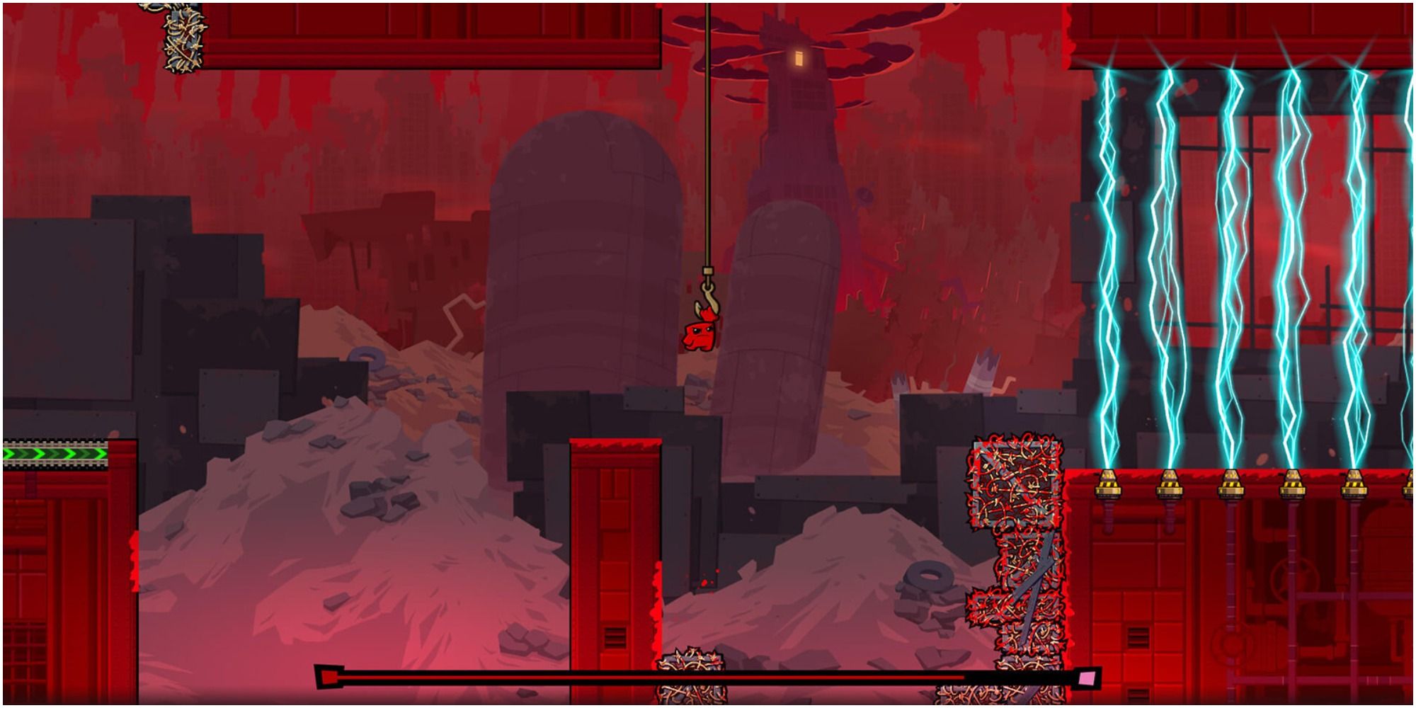 Super Meat Boy Swinging On A Winch Toward Electrical Columns