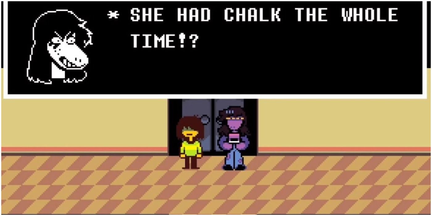 Susie Holdig the Box of Chalk Given By Noelle In the Beginning of Deltarune Chapter 2