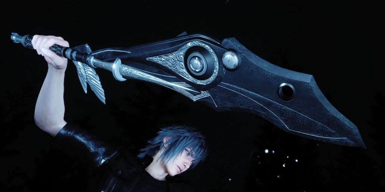 Noctis holding the Swords of the Wanderer above his head at night