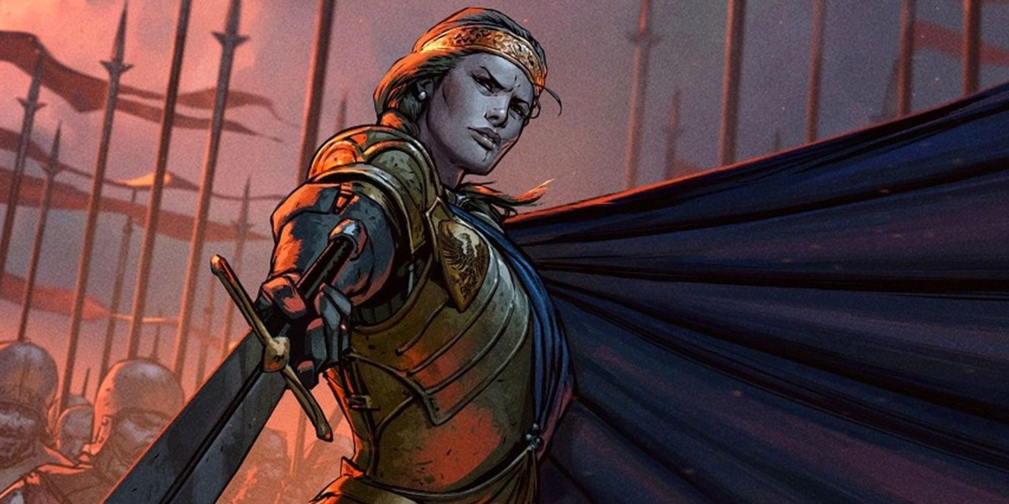 Queen Maeve gestures with her sword in front of an army.