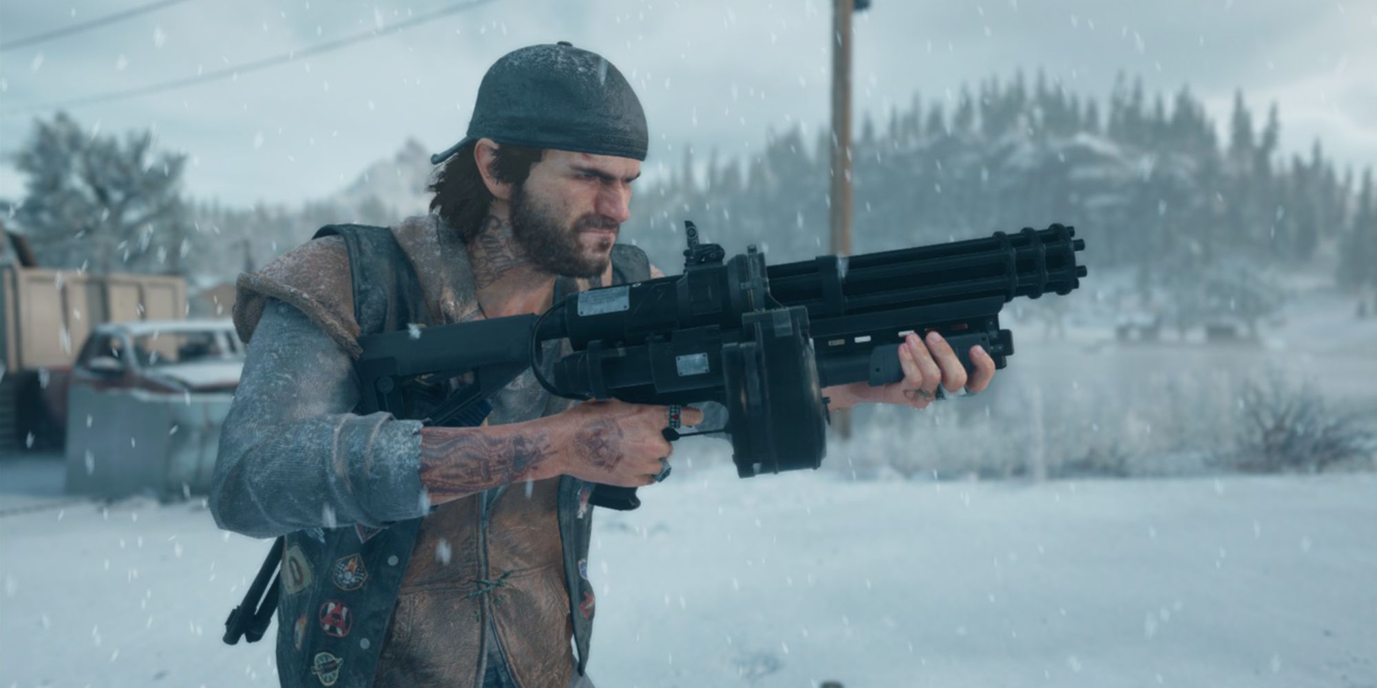 Days Gone Deacon holding a minigun in a snowy background