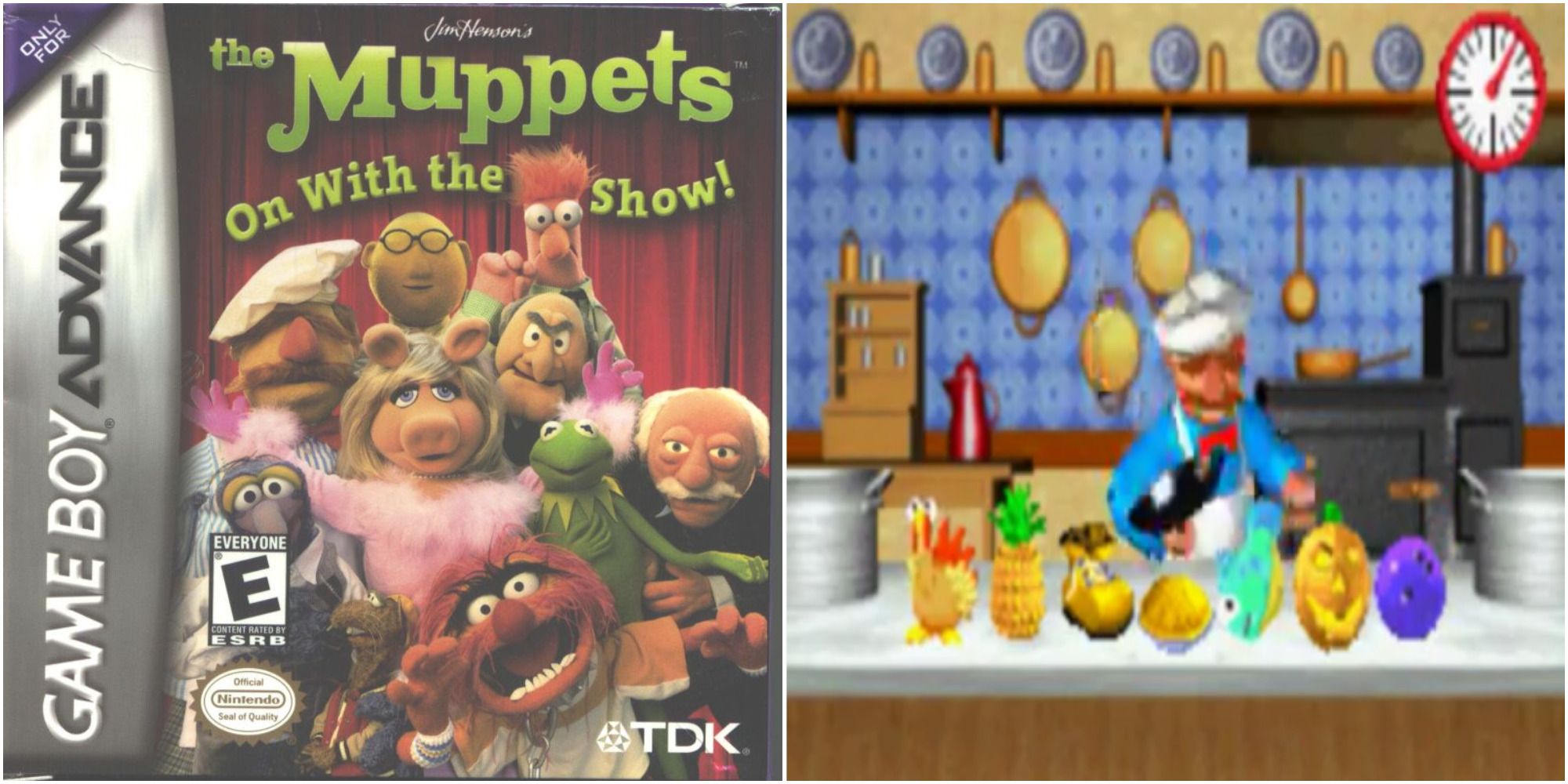 Split image The Muppets On With The Show! GBA Cover featuring the Muppet Show cast and gameplay of the Swedish Chef Hour minigame