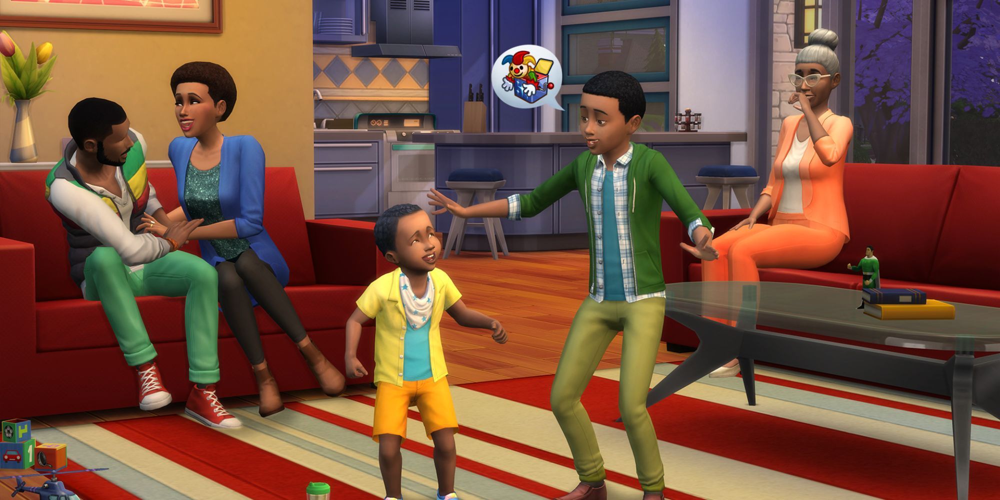 The Sims 4 family sat together in living room