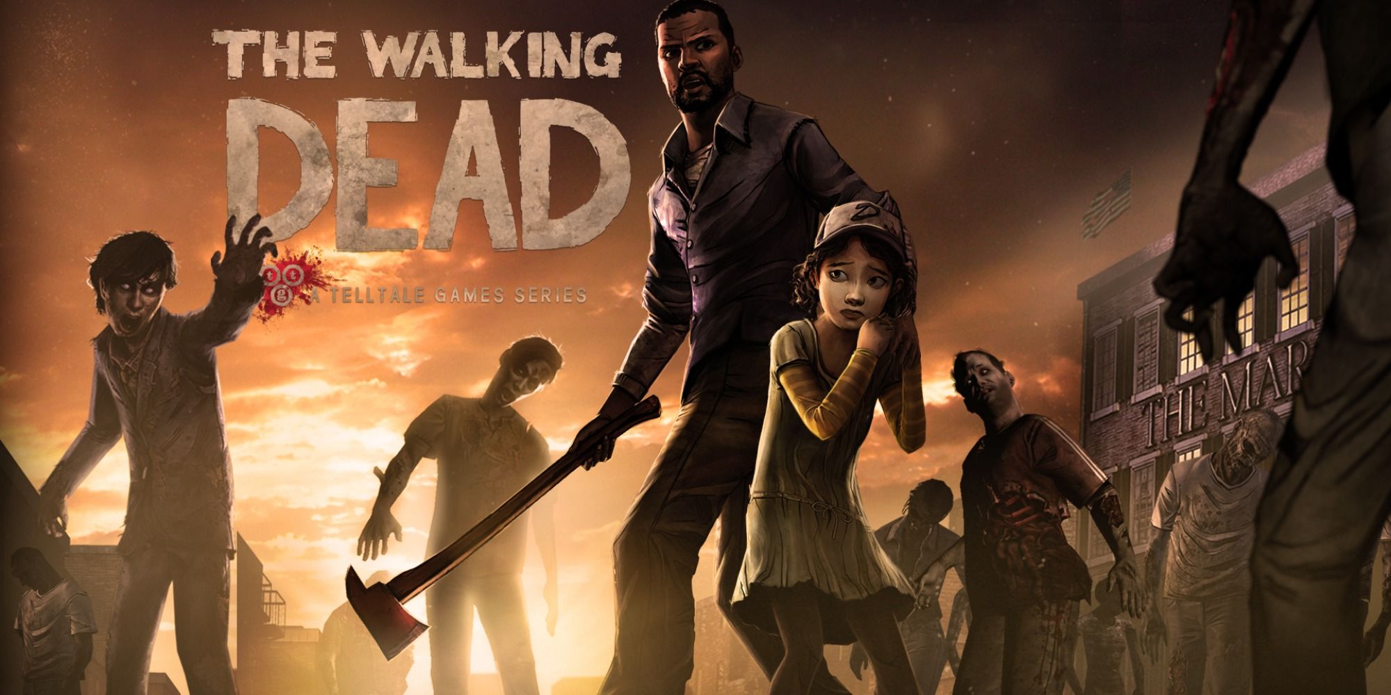 The Walking Dead - Lee Stands Wielding An Ax Behind A Fearful Clementine, While Zombies Surround Them