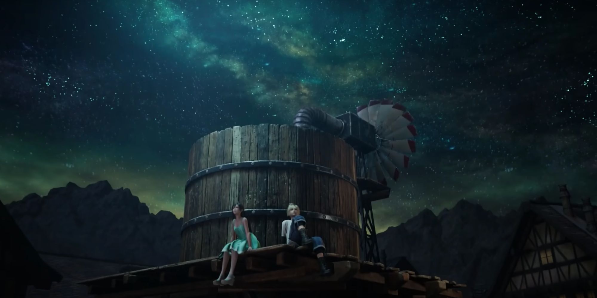 Tifa and Cloud sit on top of a water tower in a flashback.