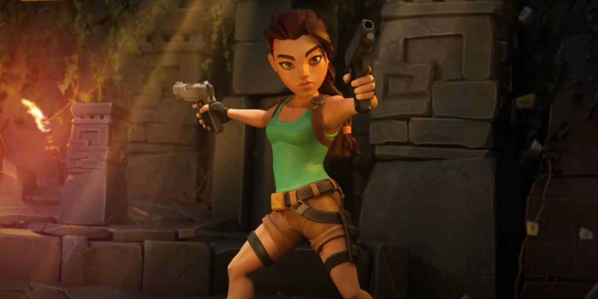 Tomb Raider Reloaded - an almost chibi style lara holds two pistols with outstreched arms