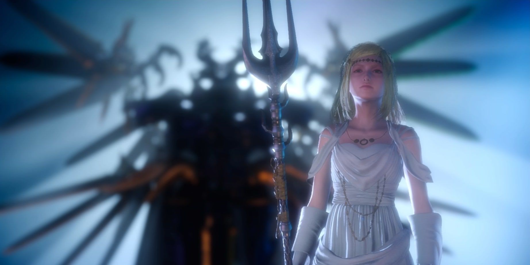 Trident of the oracle held by Aera while Bahamut stands blurred behind her