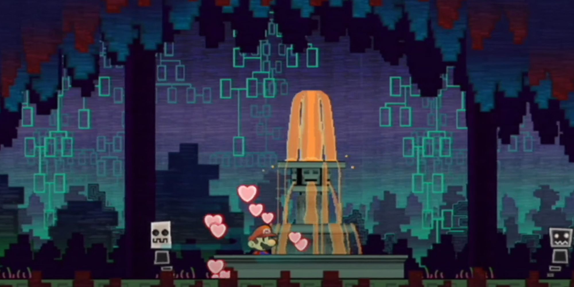 Mario playing in a fountain in the Underwhere in Super Paper Mario