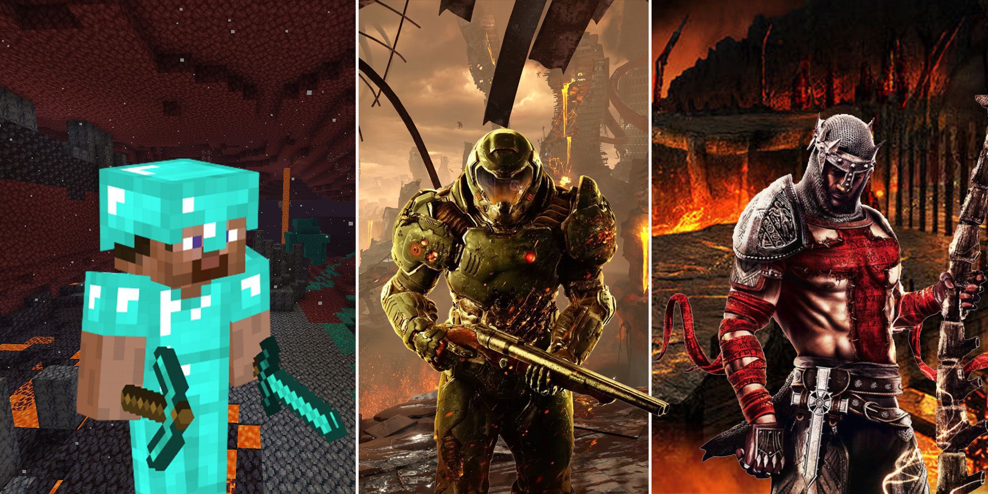 Feature Image containing Minecraft's Steve, The Slayer from Doom, And Dante of Dante's Inferno in their respective underworlds 