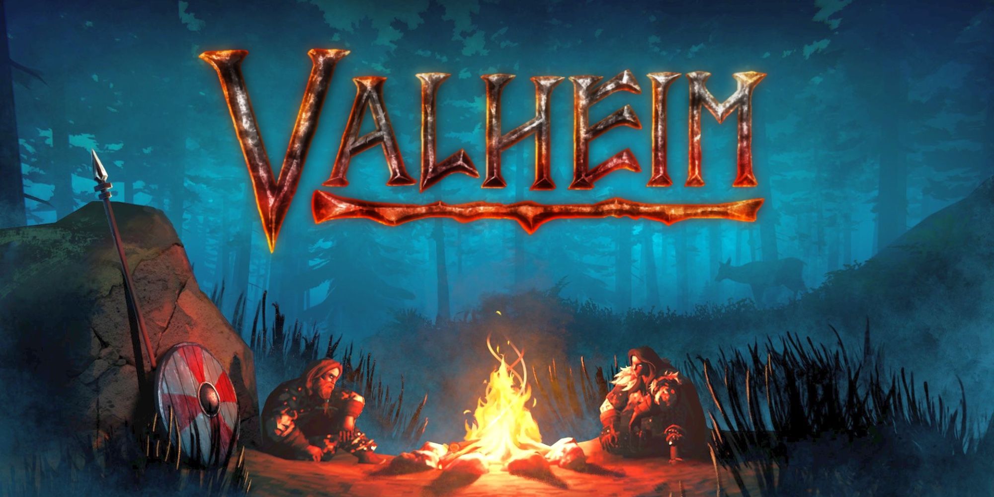 The cover art and titles for Valheim with two Vikings sitting by a campfire 