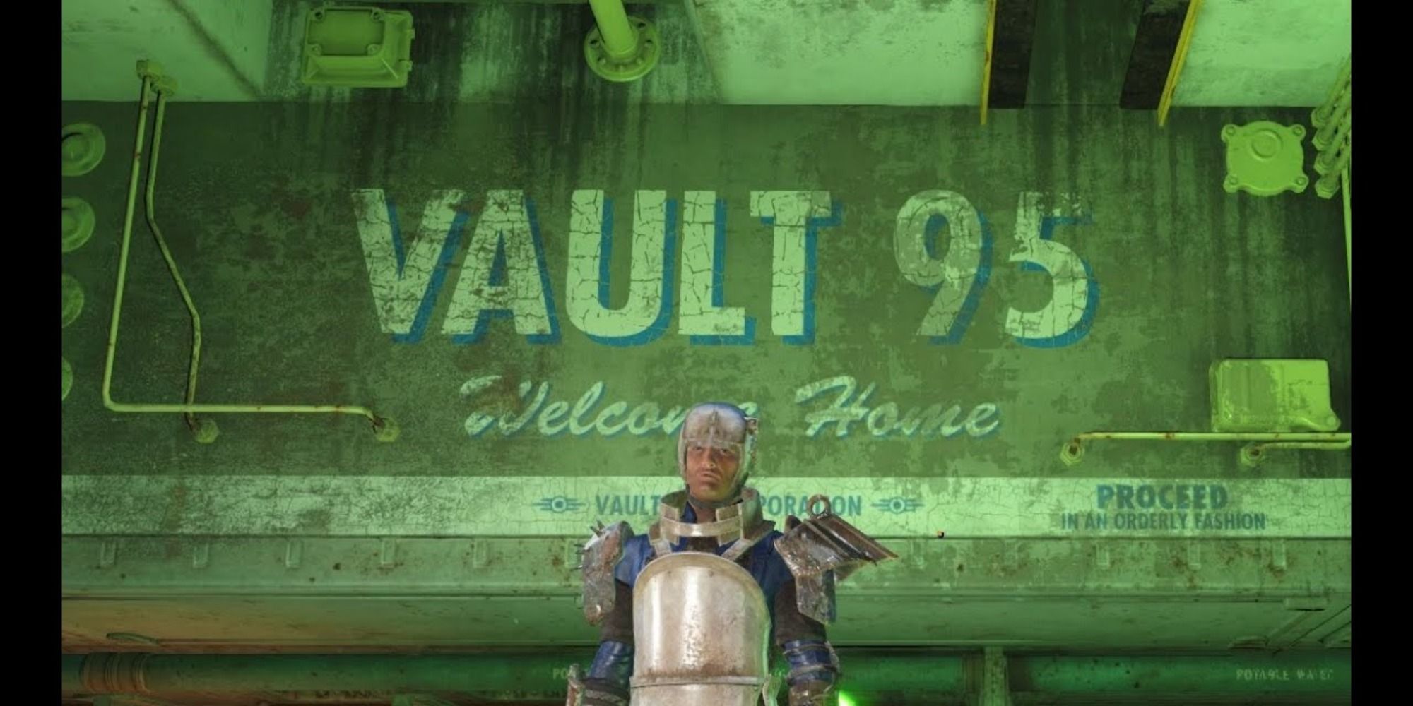 Vault 95 entrance sign with player character via Fallout 4