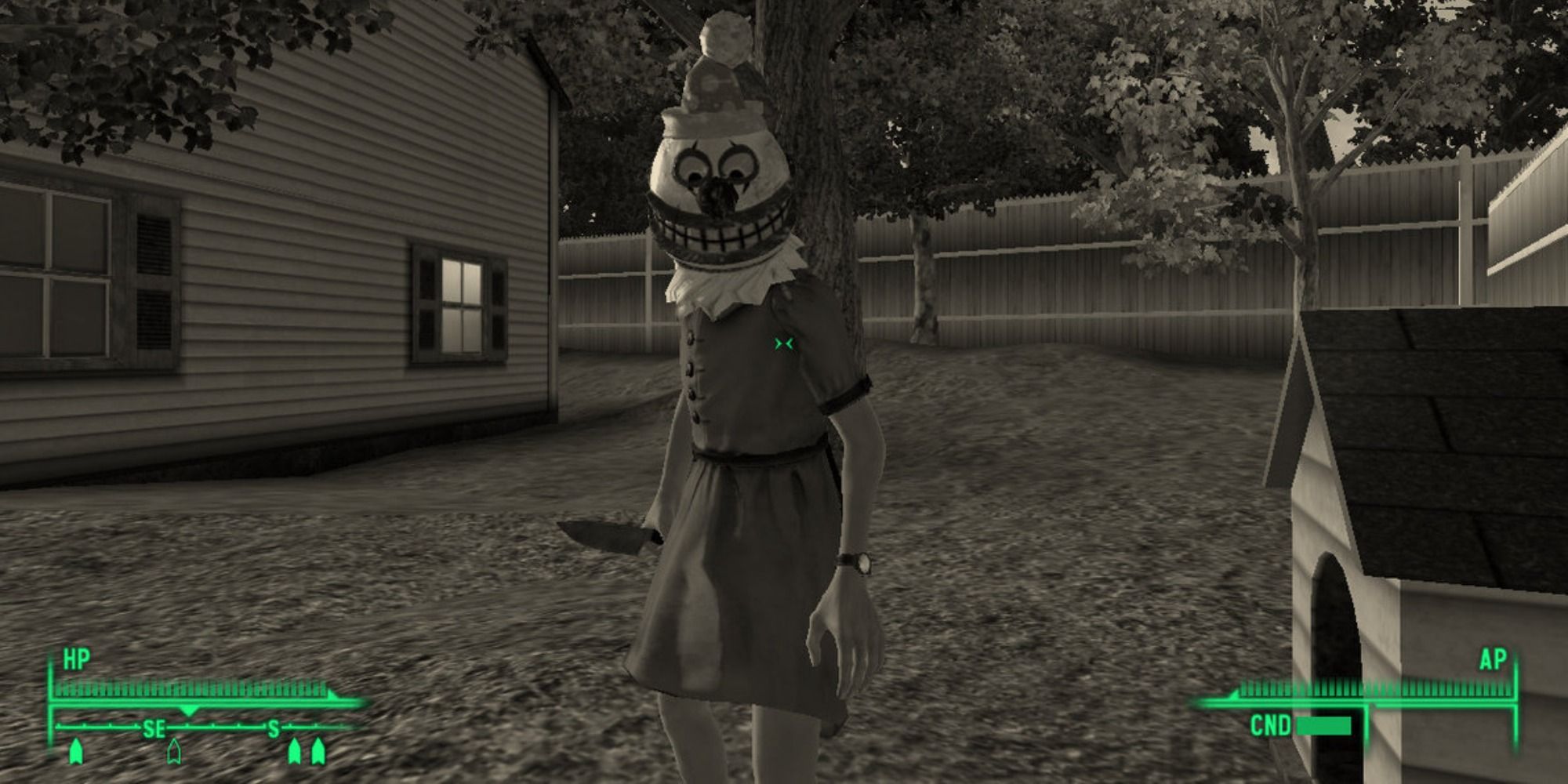 Vault 112 in simulation, clown mask character holding a knife