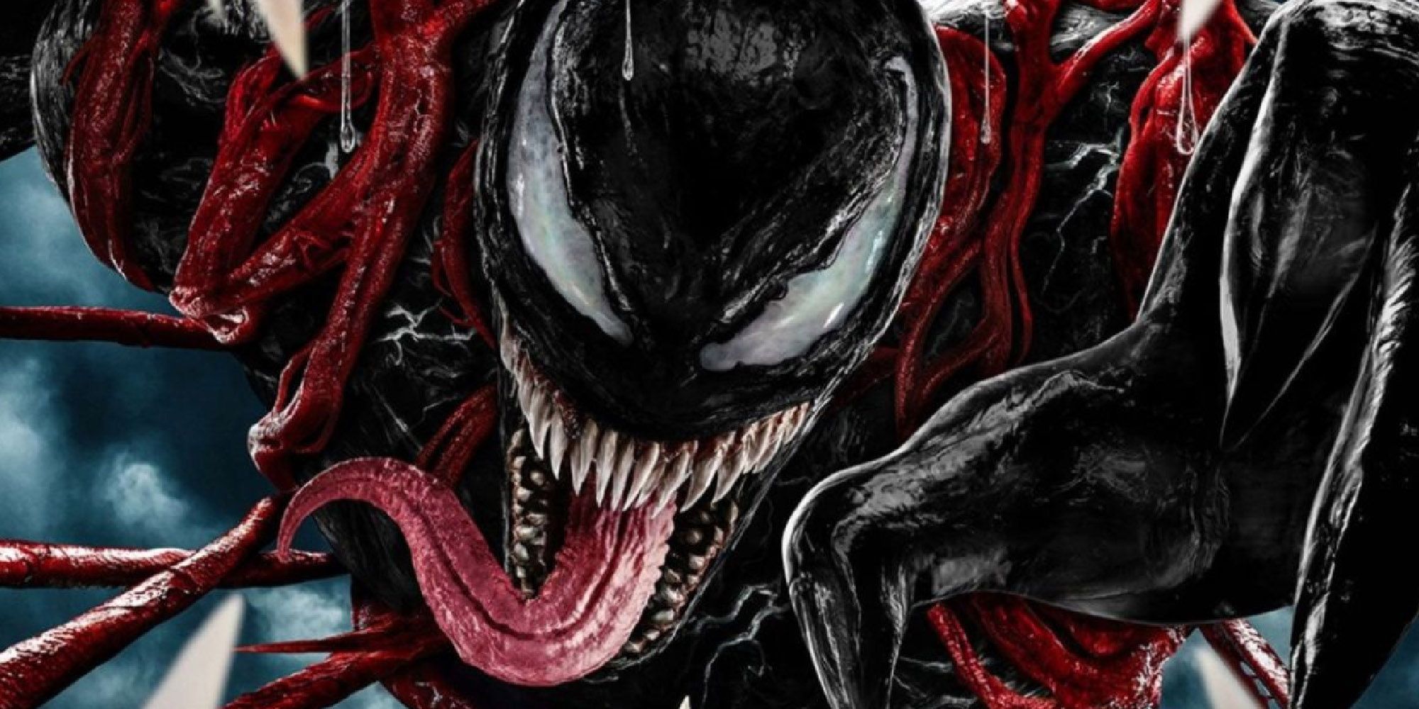 Venom wrapped in Carnage's red tendrils, lunging toward the camera with his tongue out