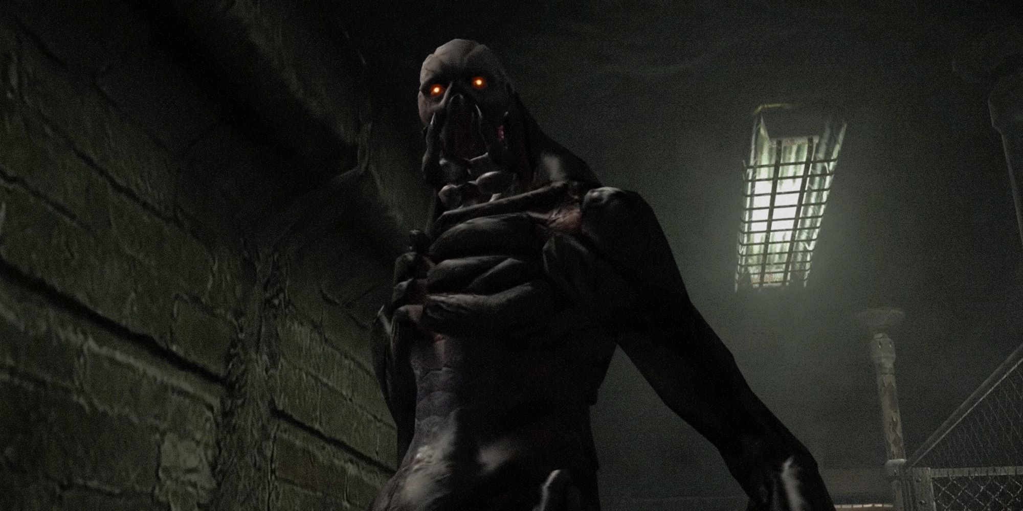 Resident Evil 4 Verdugo. Tall creature with red eyes and very tight skin over its bones.