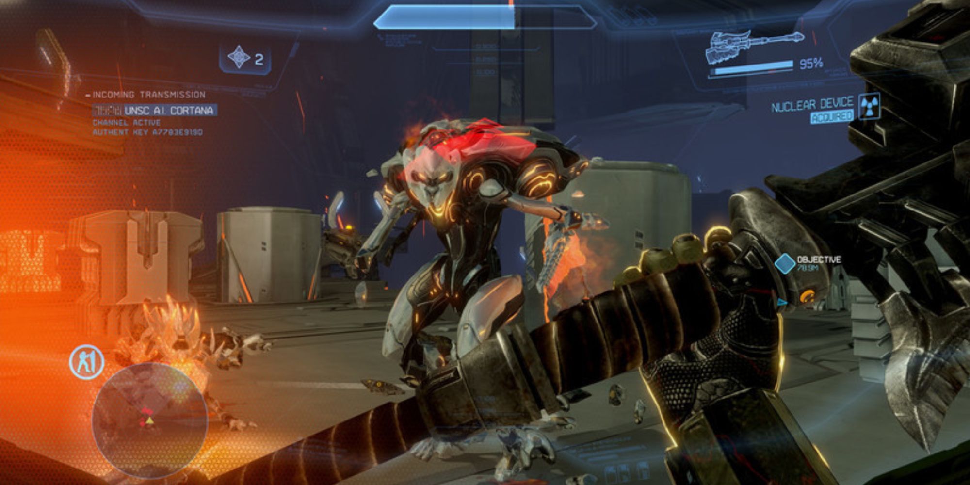 Video Game Sound Effects a first-person perspective from Halo of Master Chief holding a gravity hammer against a Promethean enemy with the shield bar at the top a minimap on the bottom left and details about ammunition at the top right