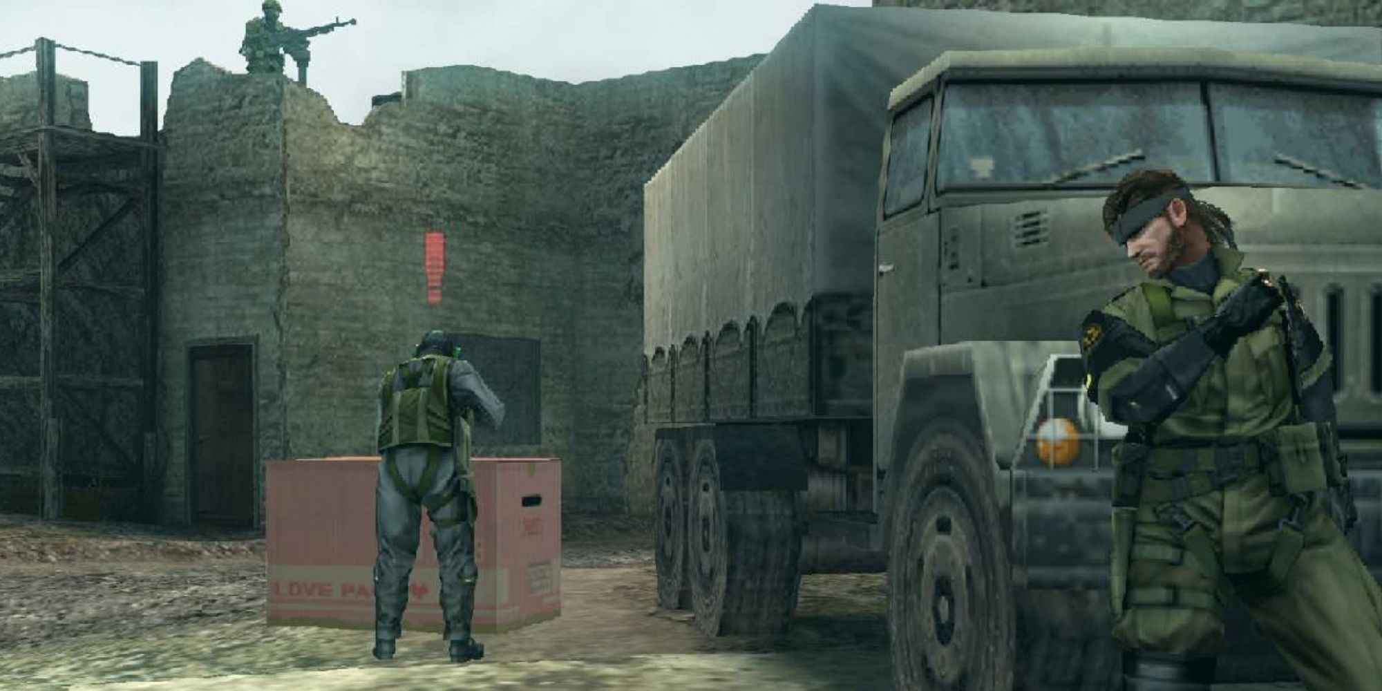 Video Game Sound Effects a wide shot of Snake from the Metal Gear games hiding behind a truck while a guard notices a cardboard box to the left of Snake with a red exclamation point above his head