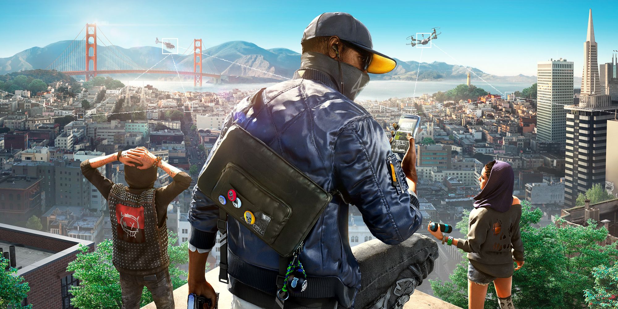 Watch Dogs 2. Poster of the game. Three characters looking off into the city ahead.