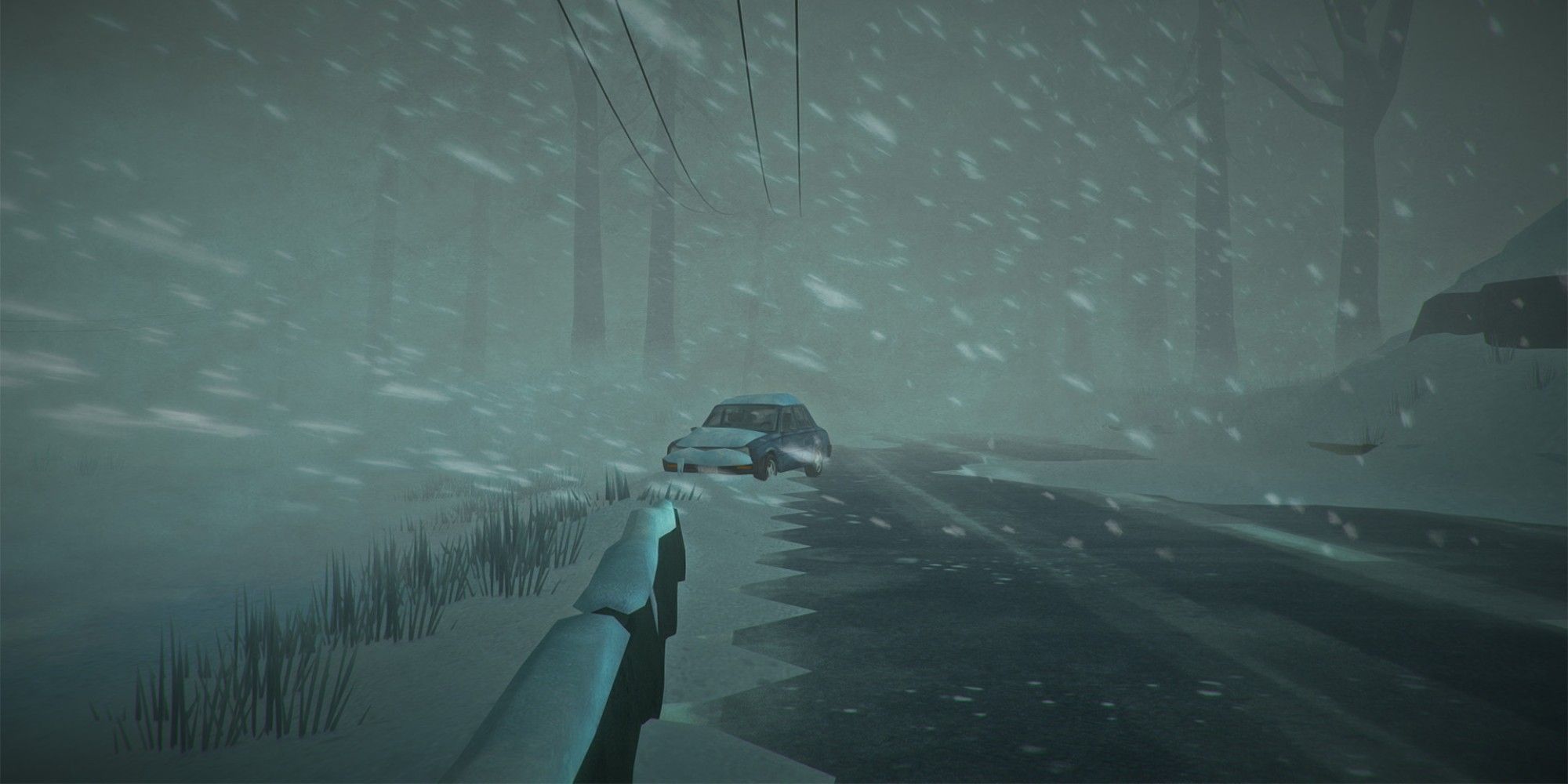 The Long Dark Pleasant Valley Road During A Blizzard Beside A Car