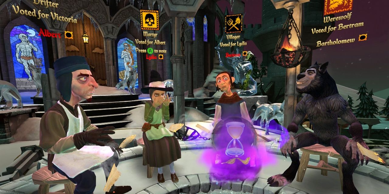 a first-person perspective from the game Werewolves Within showing four other characters sat around a glowing purple hourglass