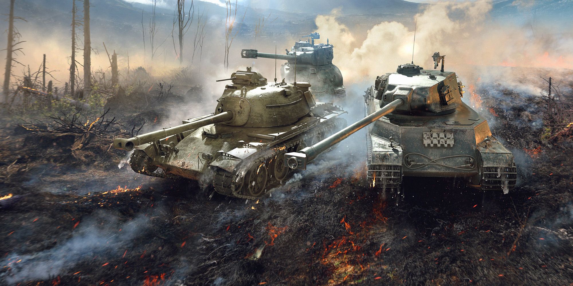 World Of Tanks. Three tanks in the photo. Burning smolders of ash across the floor.
