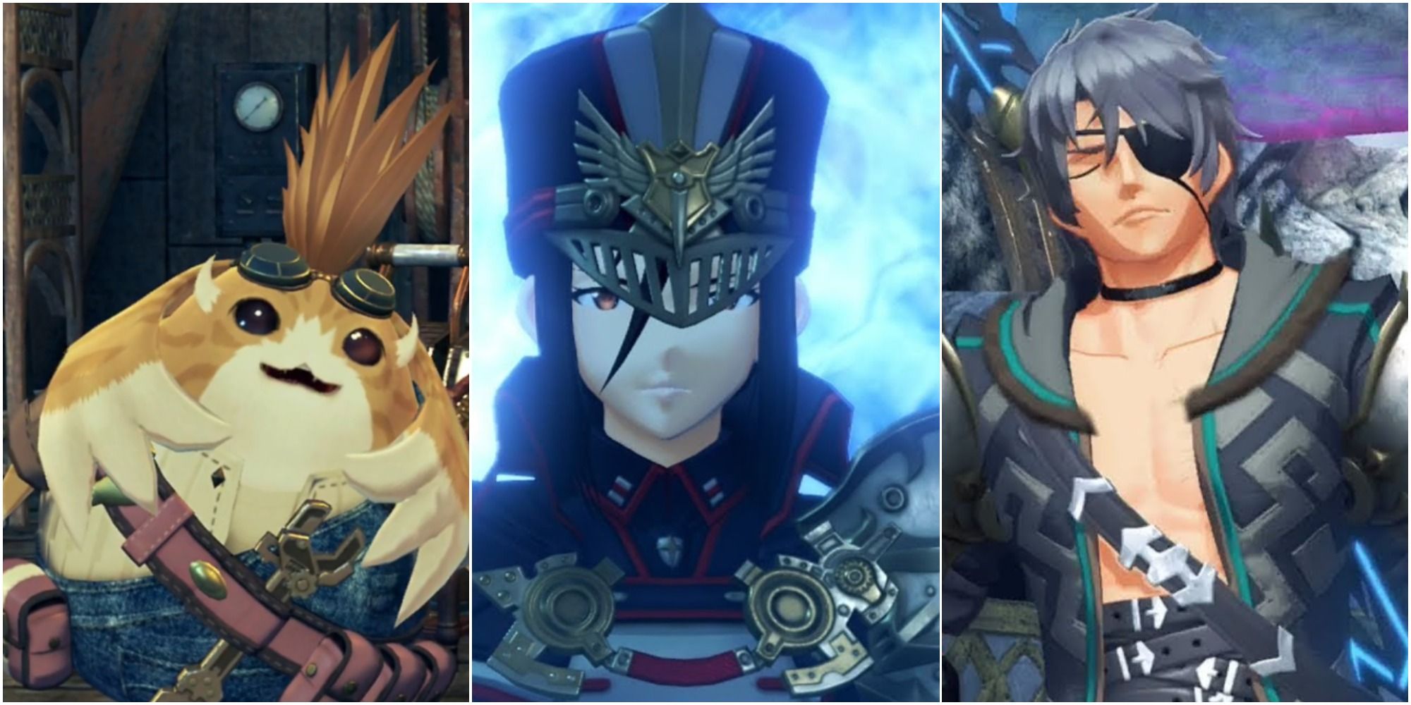 Xenoblade Chronicles 2 Characters Tora on the left with Morag in the middle and Zeke on the right