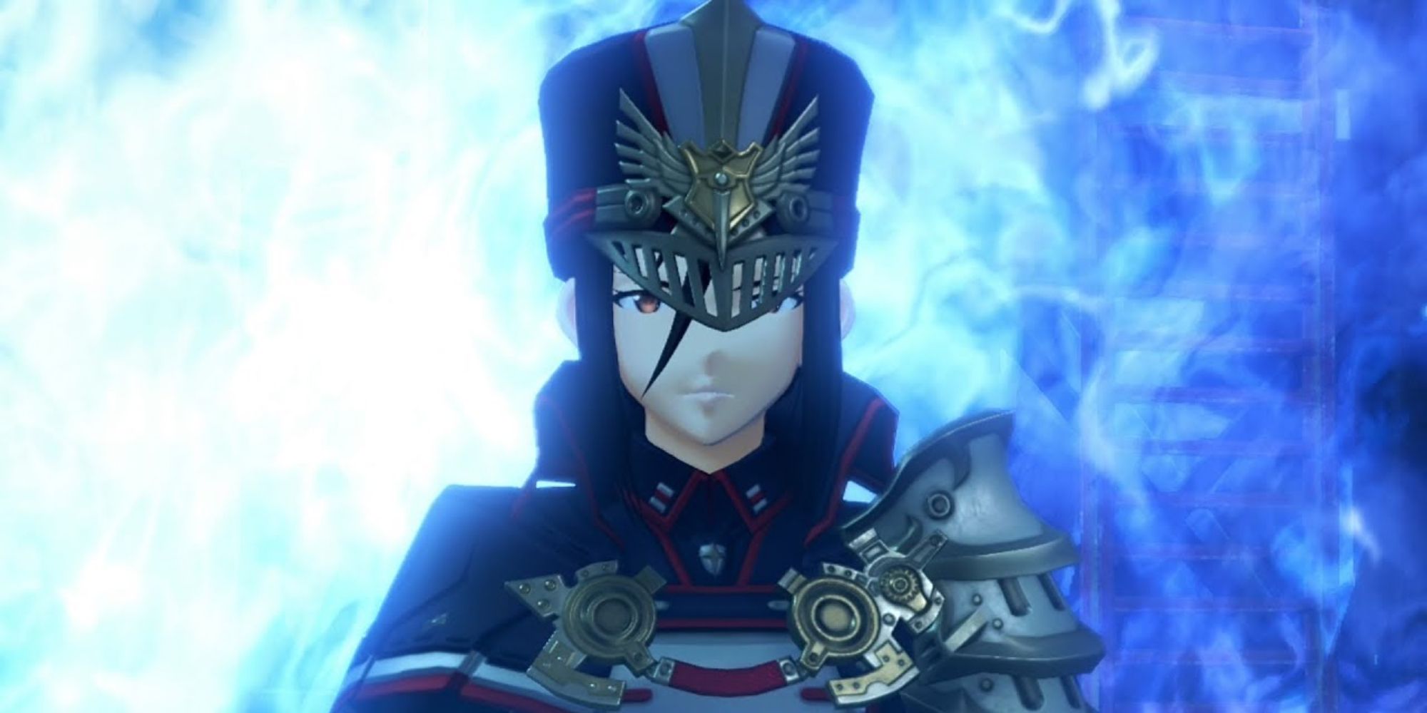 Xenoblade Chronicles 2 Characters Morag standing proudly in her blue uniform with blue flames spreading out behind her