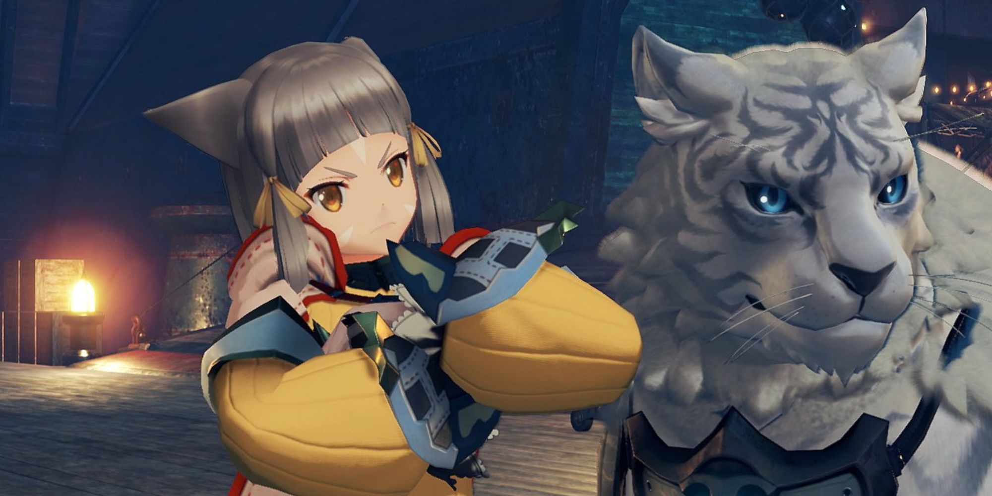 Xenoblade Chronicles 2 Characters Nia standing with her arms crossed and a stern expression on her face with Dromarch stood to her right 