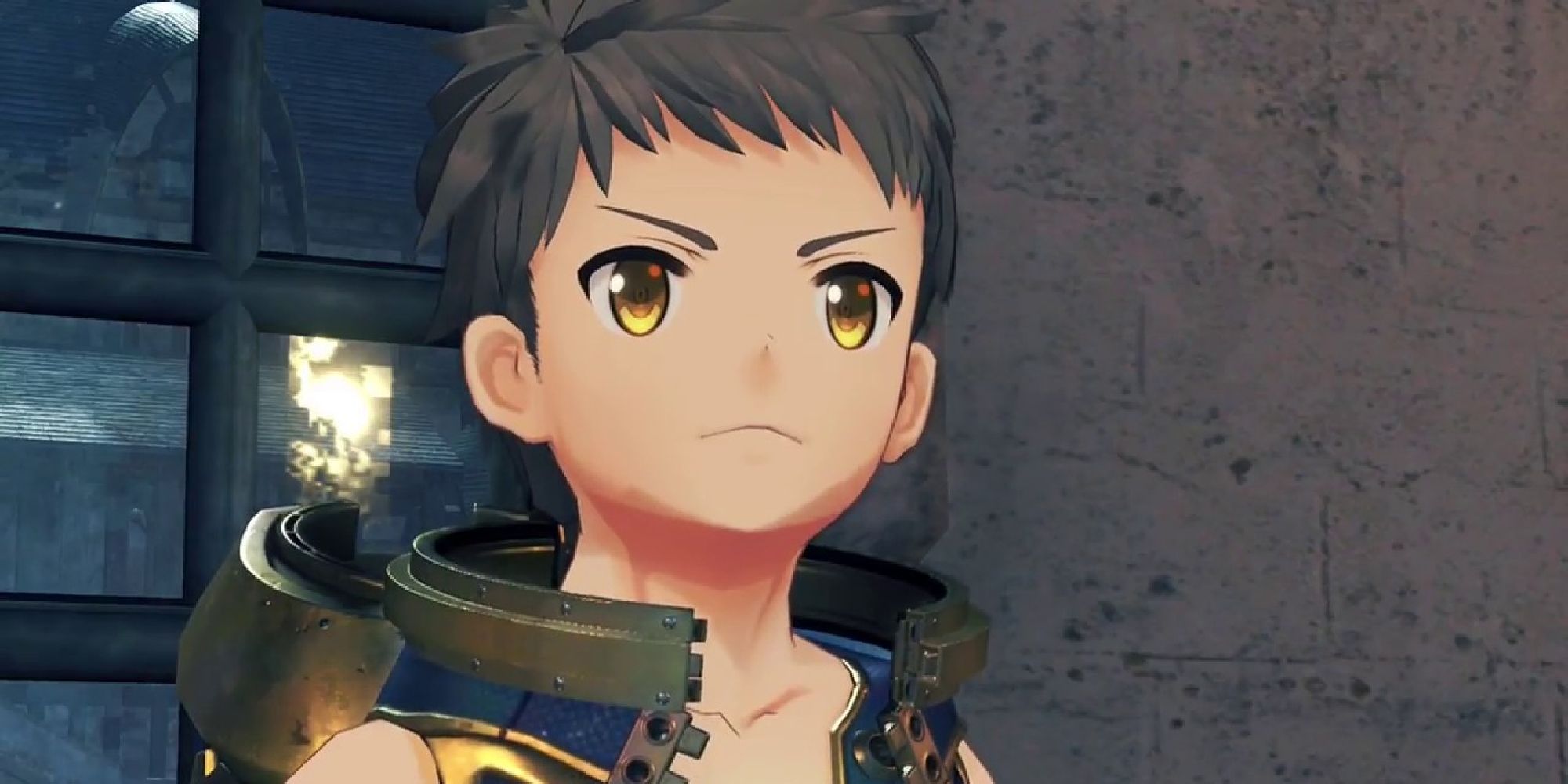 Xenoblade Chronicles 2 Characters close up of Rex looking proudly to someone off screen with a window to his left looking out onto the night's sky