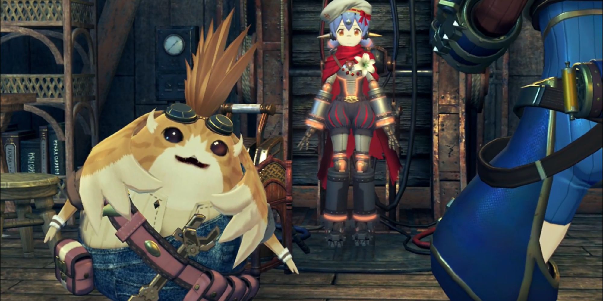 Xenoblade Chronicles 2 Characters Tora looking happily at Rex who is mostly off screen with Poppi appearing in the centre against a metallic background
