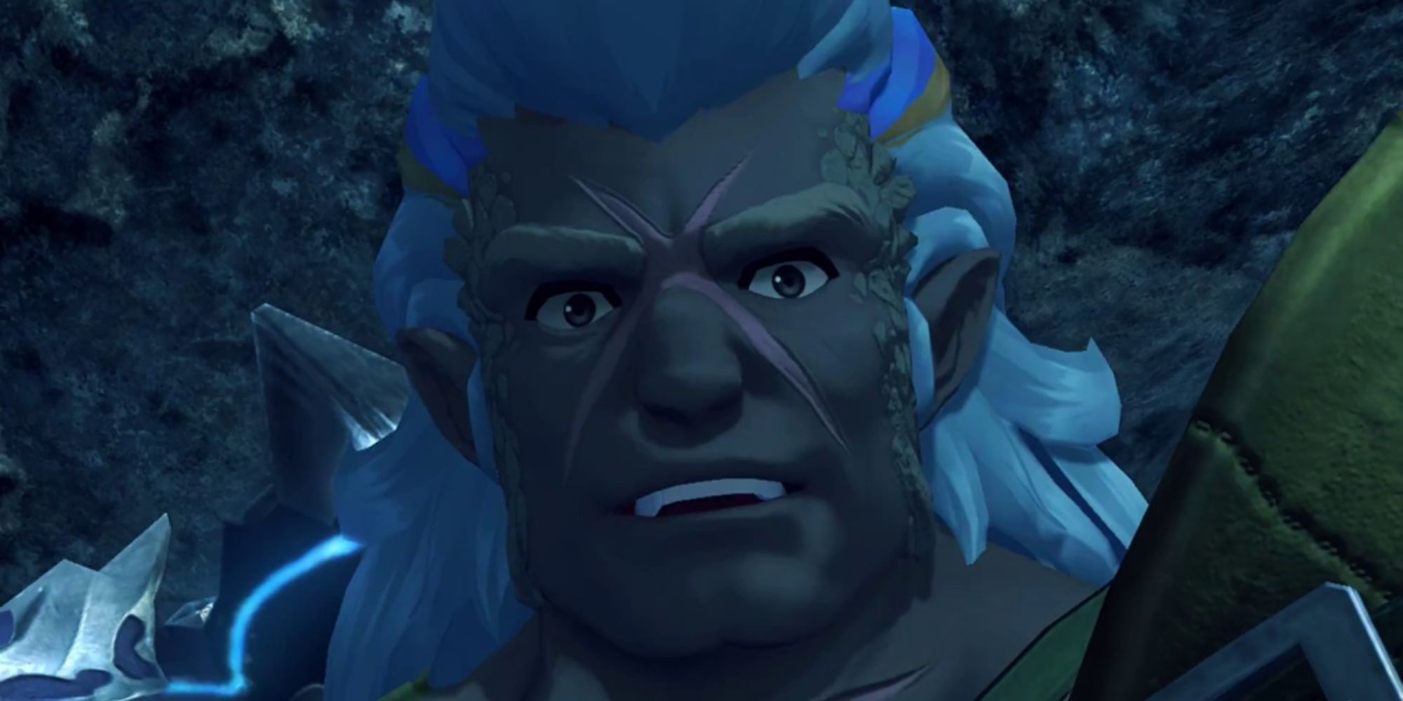 Xenoblade Chronicles 2 Characters extreme close up of Vandham smiling to someone off screen against a rocky background