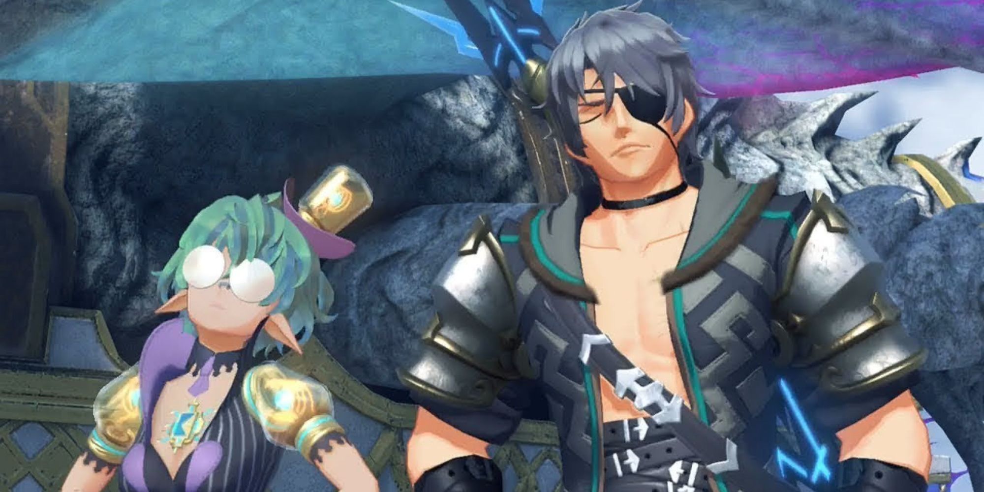 Xenoblade Chronicles 2 Characters Zeke and Pandoria standing with their eyes close slightly askew with a white and gold dragon in the background 