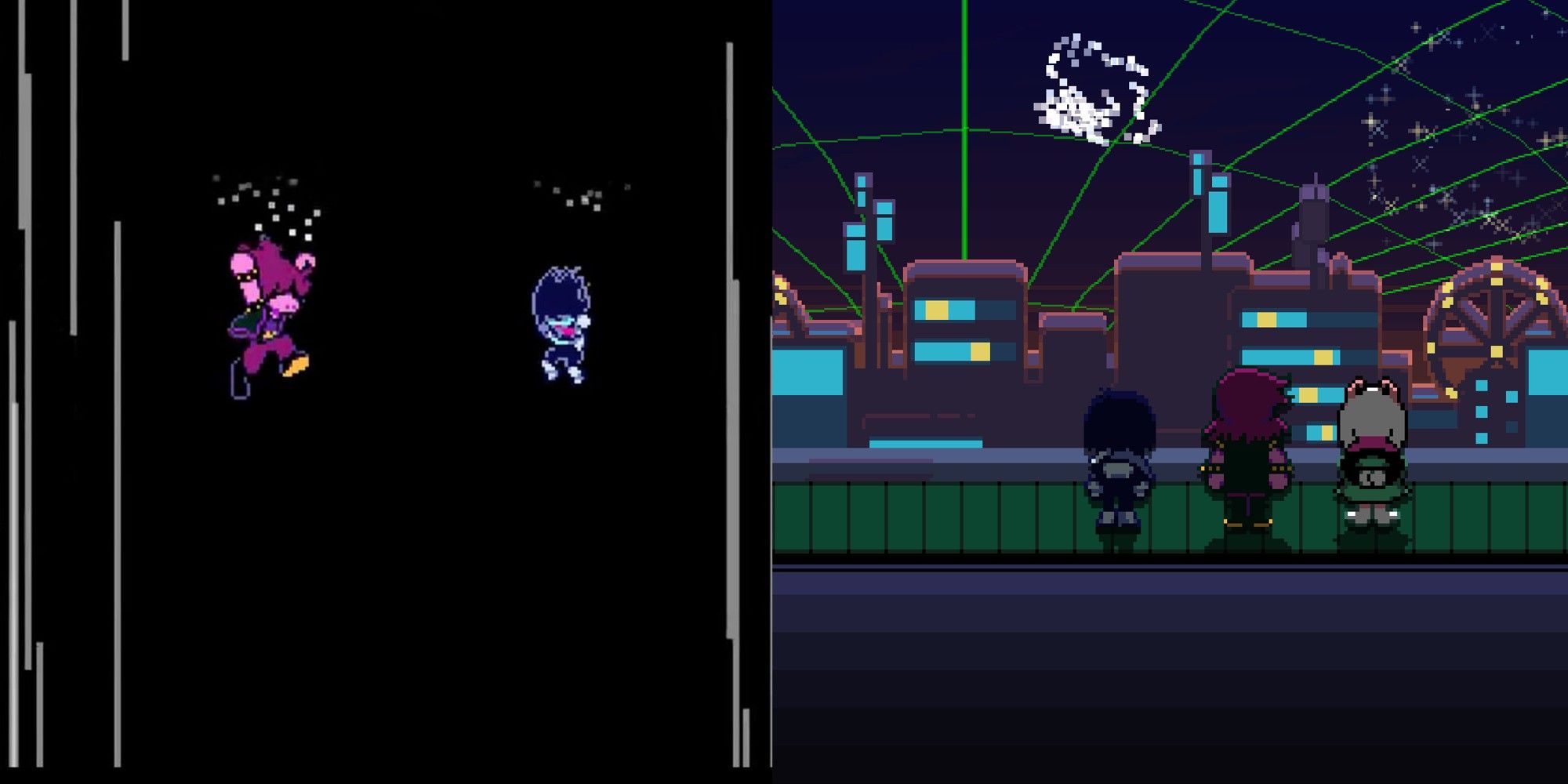 Split image Deltarune Chapter 2 screenshots two characters floating against dark backdrop and three characters on rooftop looking at fireworks cityscape