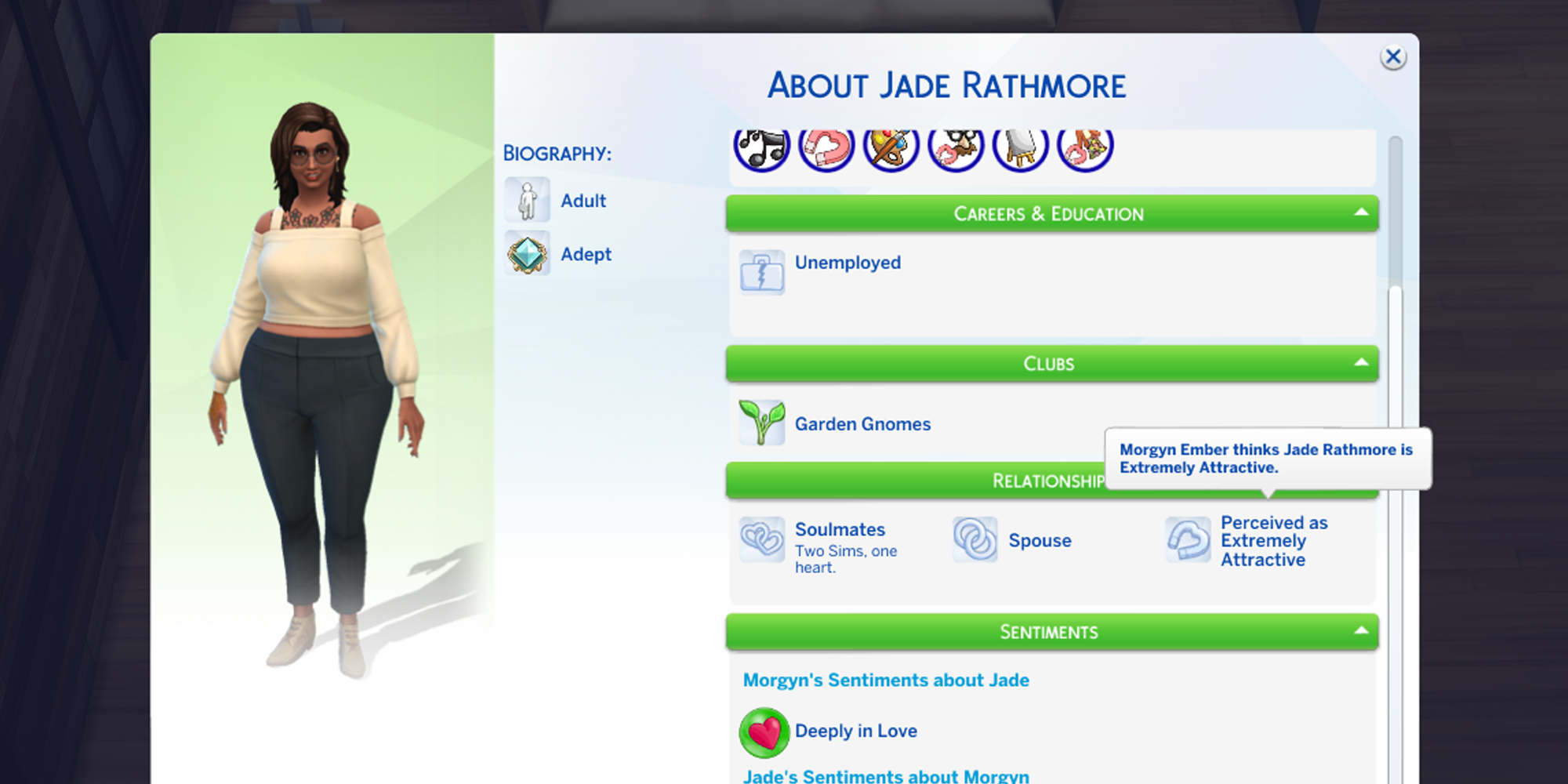 The Sims 4 Friend Menu, showing in the relationships tab the level of attractiveness perceived by the Sim selected. 