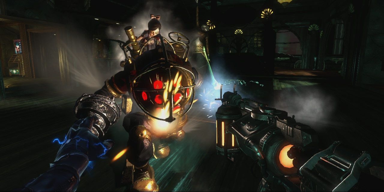 A screenshot showing a fight with a Big Daddy in BioShock 2