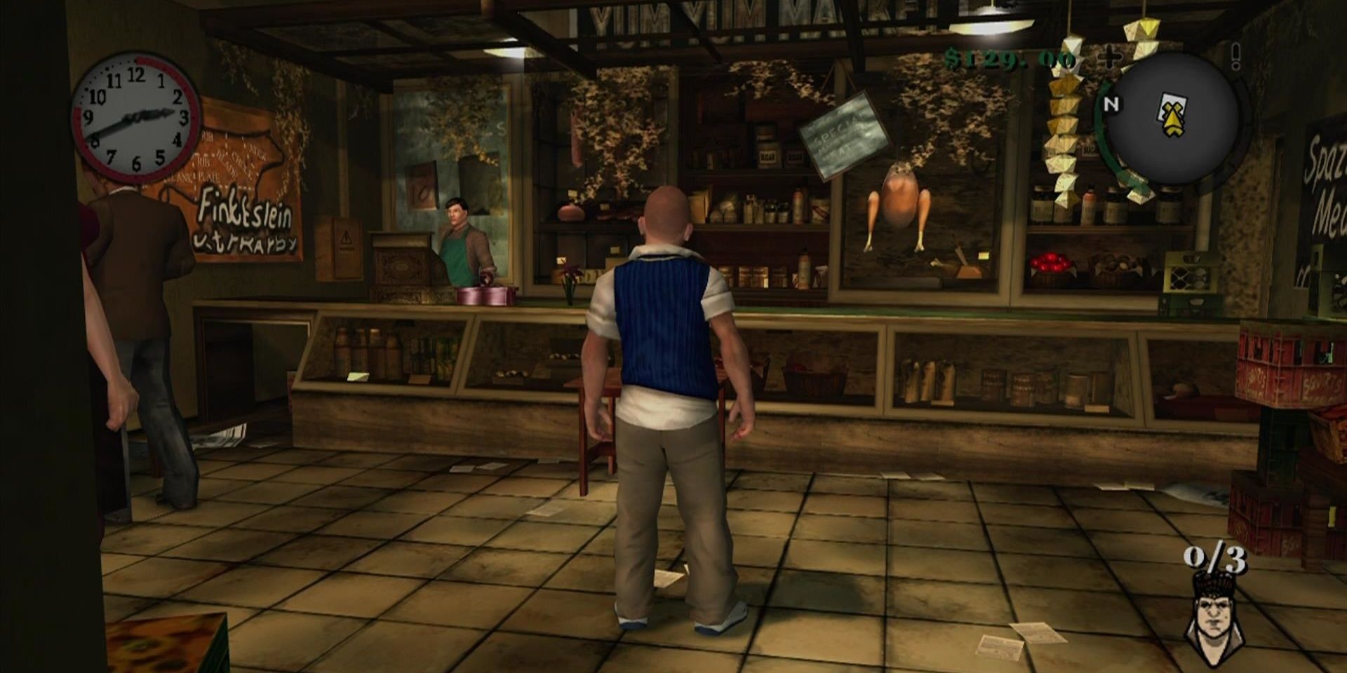 A screenshot showing gameplay from Bully: Scholarship Edition, Jimmy approaching shop