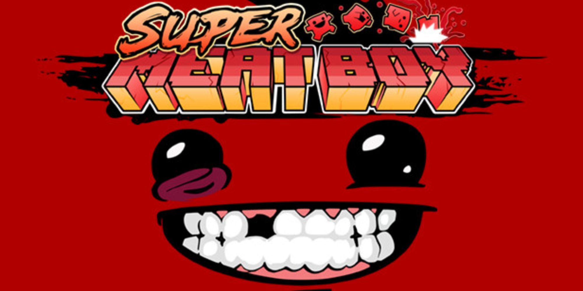 Super Meat Boy official game artwork smiley beaten up pose main title 