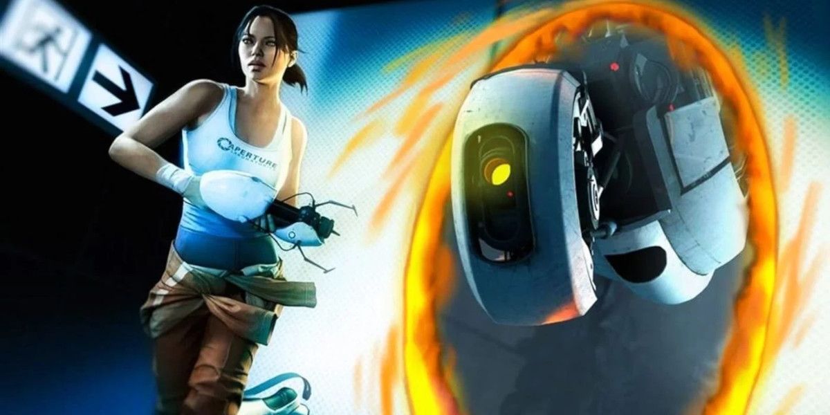 Chell running from Glados in Portal.