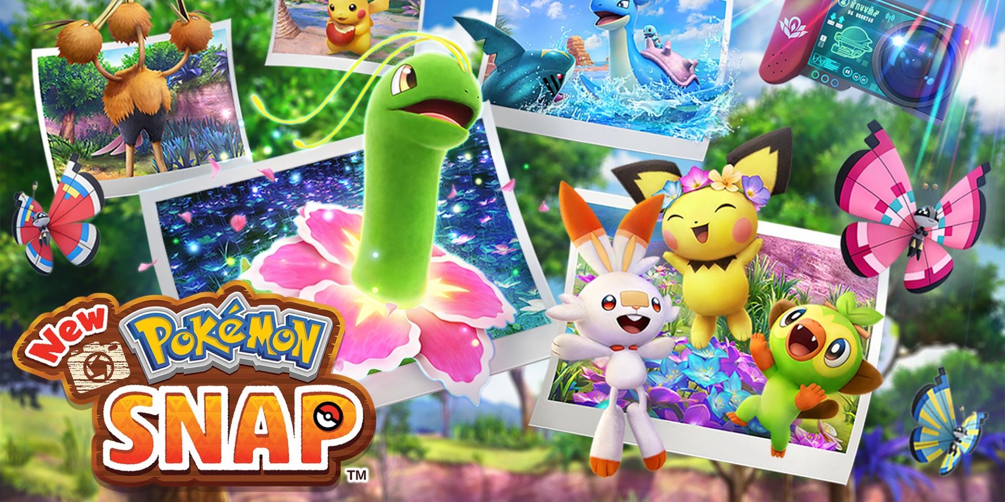 New Pokemon Snap - Pichu, Scorbunny, Grookey, And Meganium Surrounded By Photos