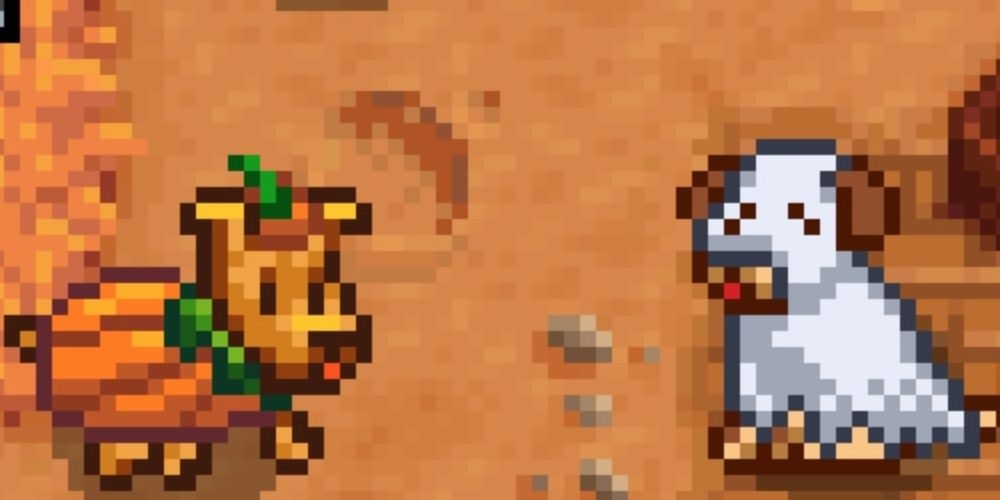 A Screenshot Of Stardew Valley Mod, Dogs Dressed As A Pumpkin And Ghost 