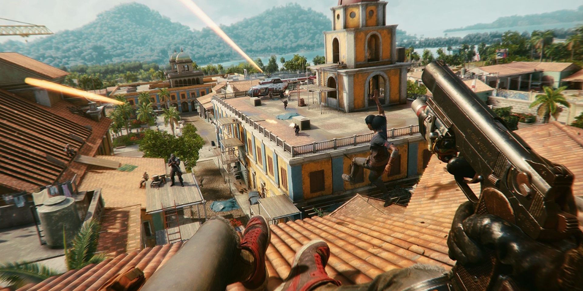 far cry 6 Screenshot Of Player Sliding Down Roof With Pistol