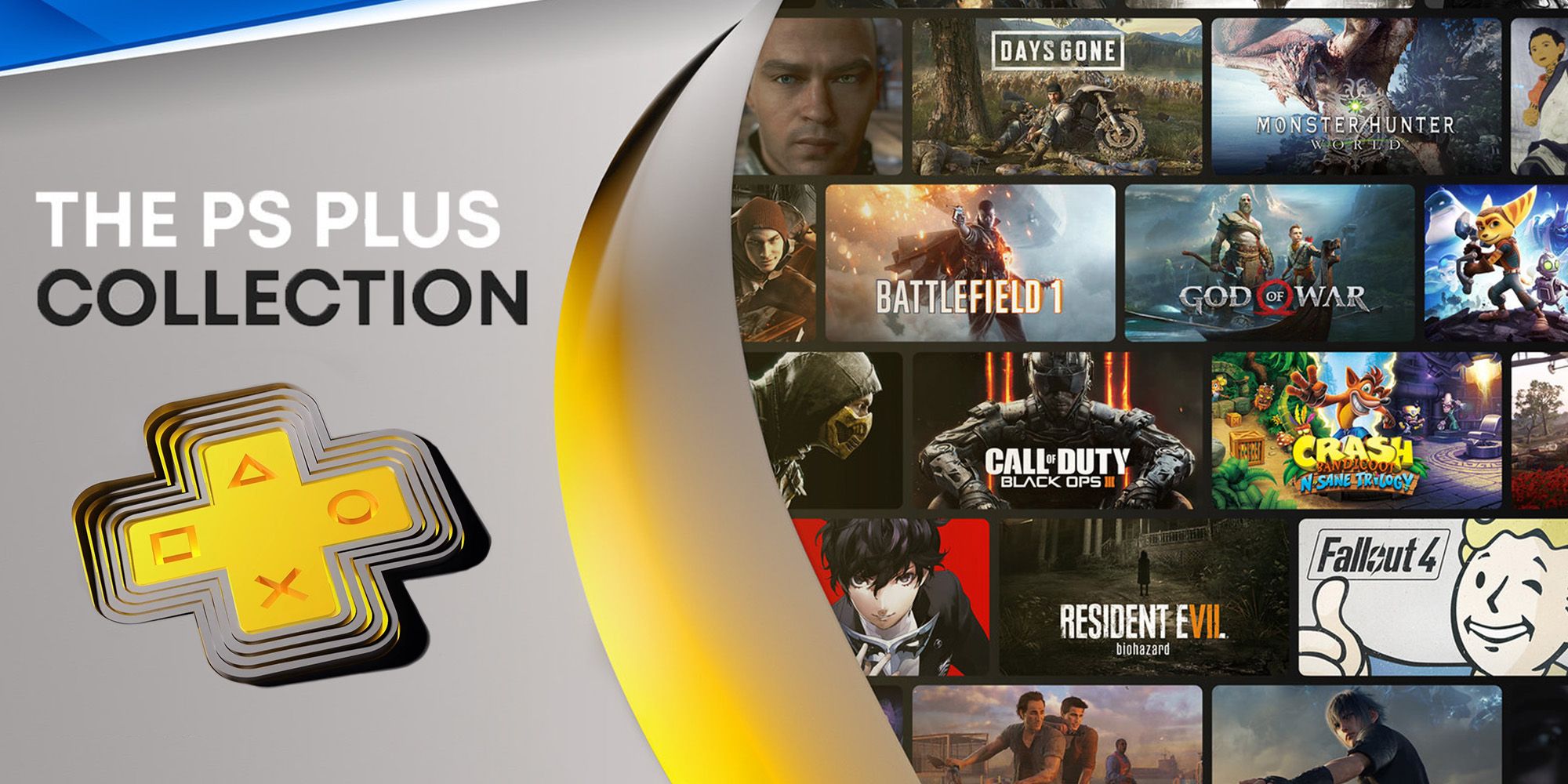 PS Plus Collection Promotional Image featuring it's logo and games such as God of War, Days Gone, and Resident Evil & Biohazard