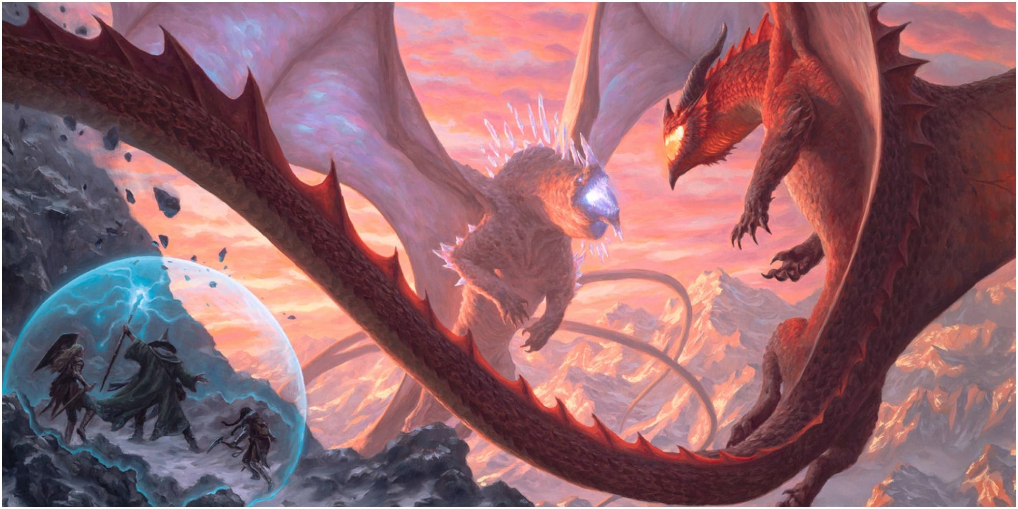 Fizban's Treasury Of Dragons Cover Art with two dragons ready to battle as a party casts a shield around them.
