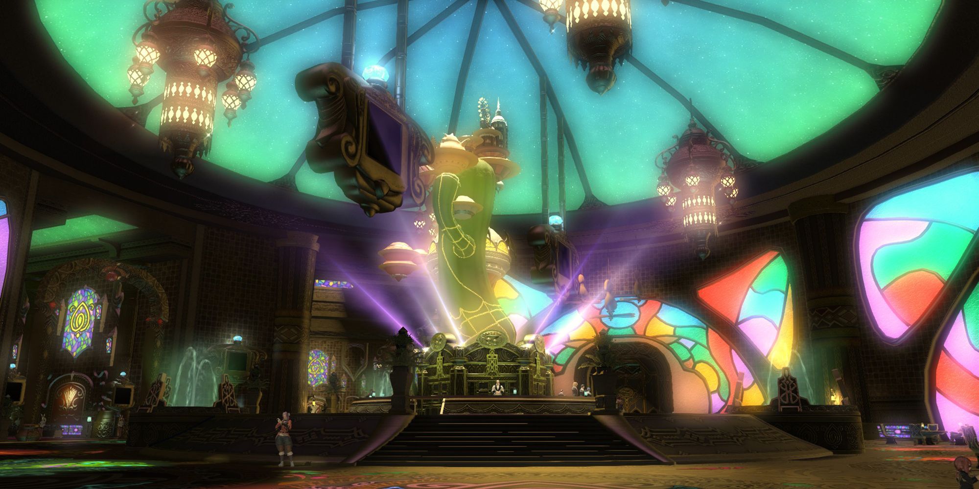 The main hall of the Gold Saucer, a giant, glowing Cactuar statue spinning around its center.