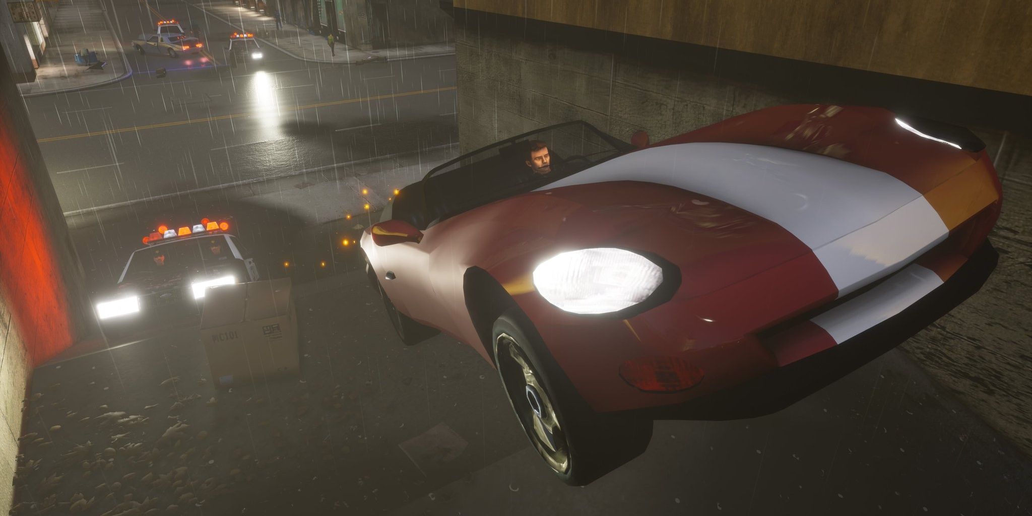 A screenshot showing Claude trying to evade the police in a car chase in Grand Theft Auto 3: The Definitive Edition