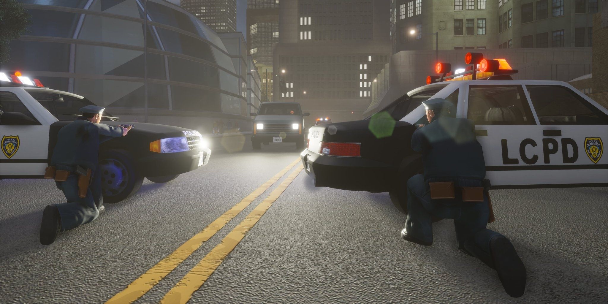 A screenshot showing the LCPD setting up a roadblock in Grand Theft Auto 3: The Definitive Edition