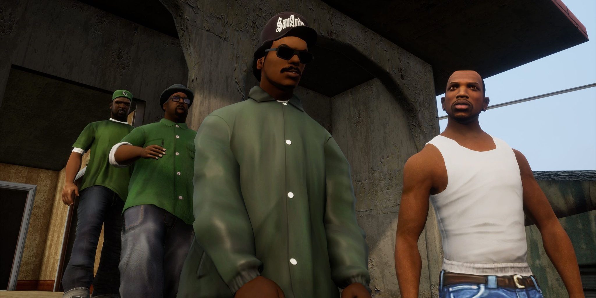 A screenshot showing Carl, Ryder, Big Smoke and Sweet in Grand Theft Auto: San Andreas - The Definitive Edition