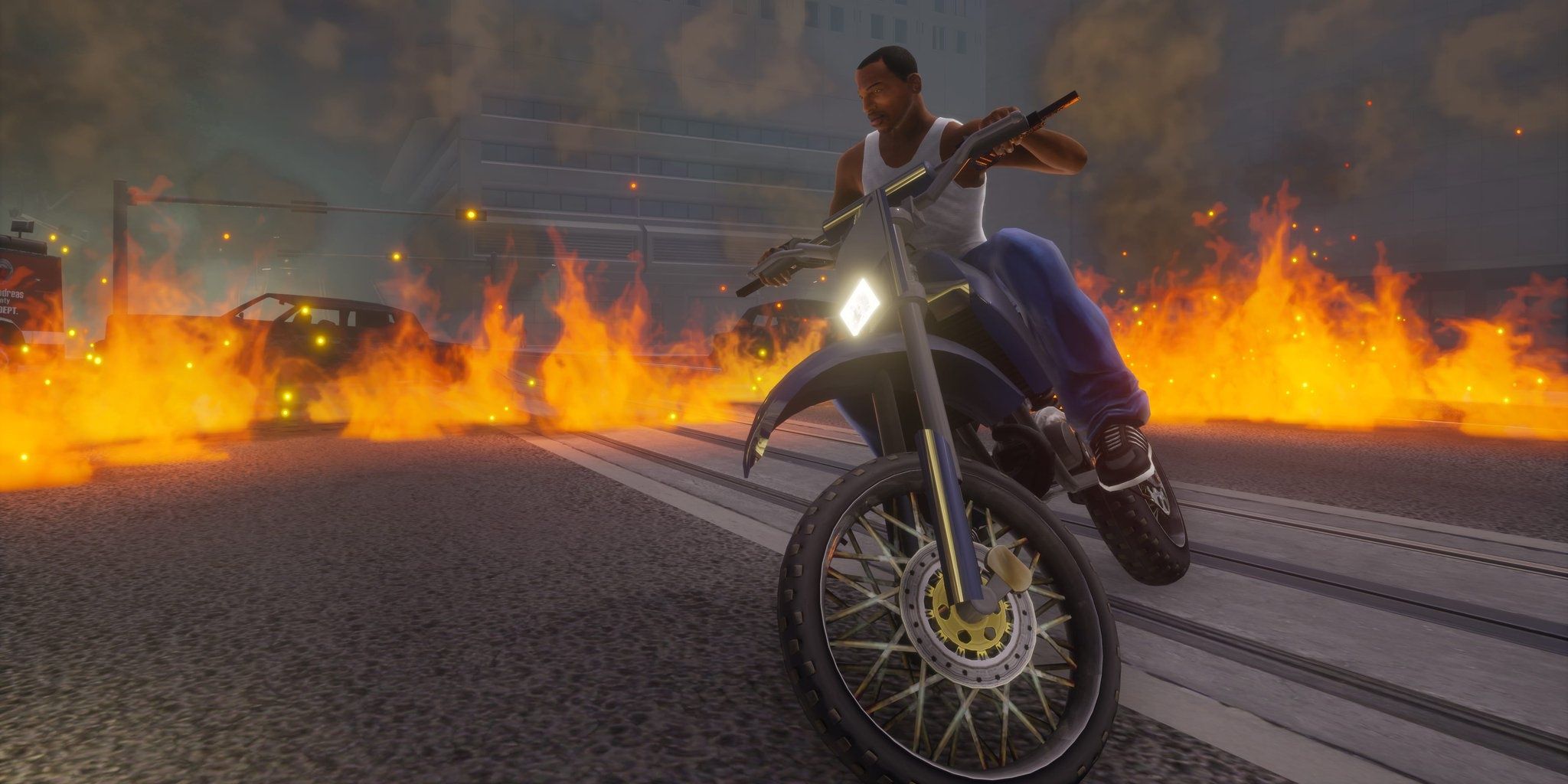 A screenshot showing CJ on a bike in front of flames in Grand Theft Auto: San Andreas - The Definitive Edition