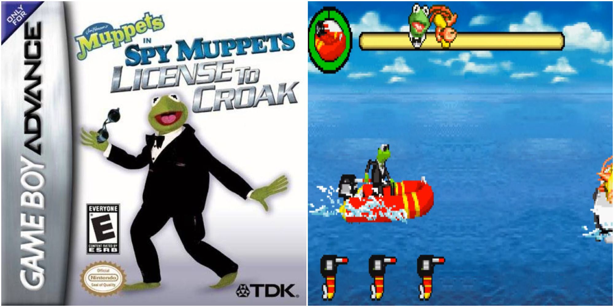 Split image The Muppets in Spy Muppets License To Croak for Game Boy Advance starring Agent Kermit and vehicle chase gameplay